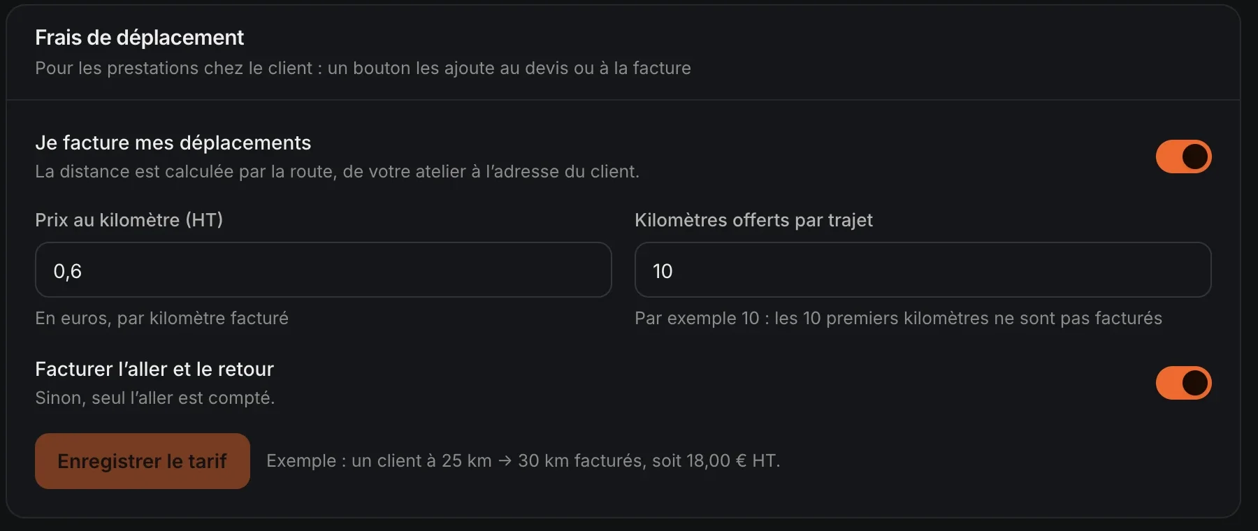 Le réglage des frais de déplacement : prix au kilomètre, kilomètres offerts, aller-retour