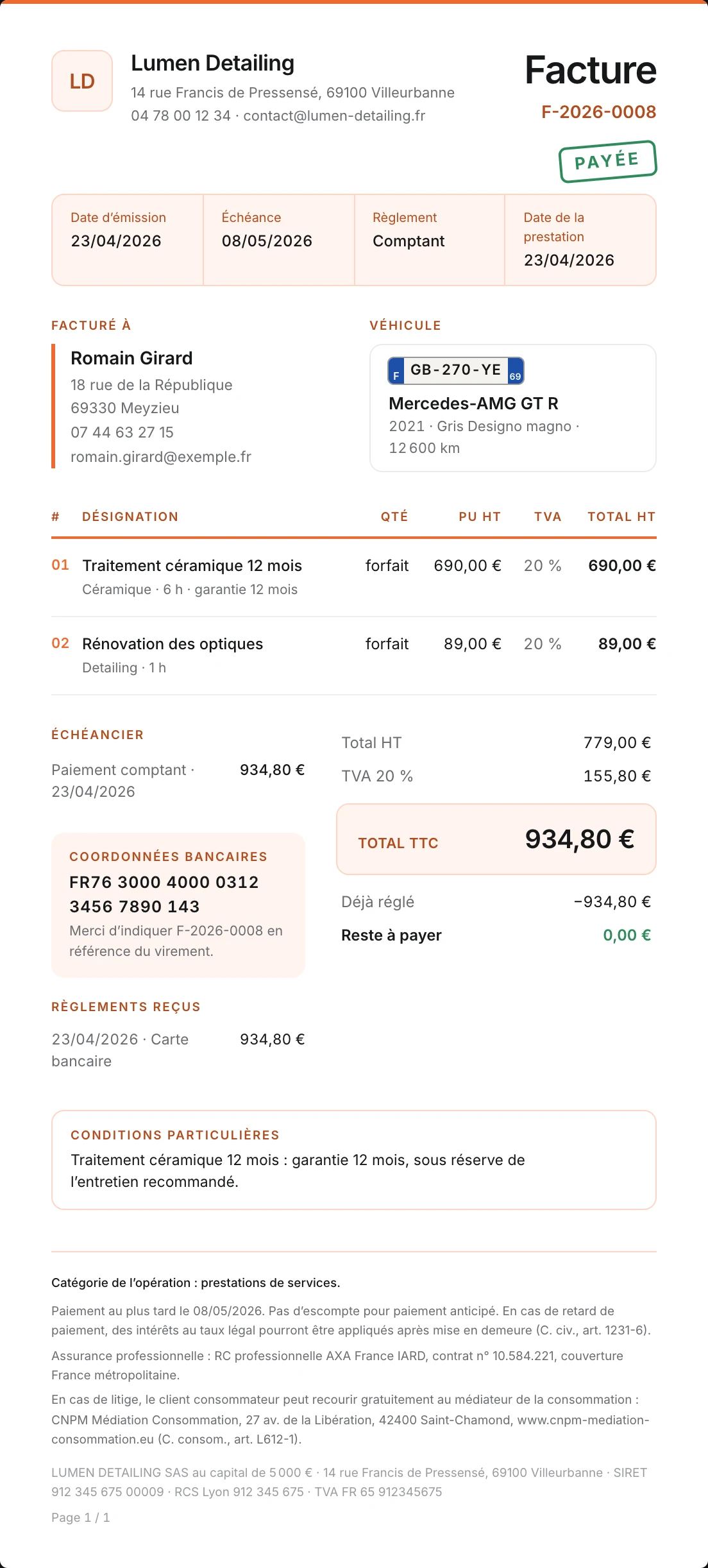 Une facture Lustreo au format PDF, avec ses mentions obligatoires