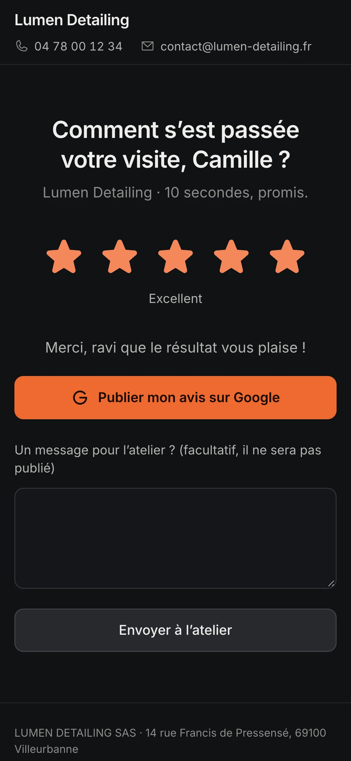 Le client note sa visite et publie son avis sur Google en un clic