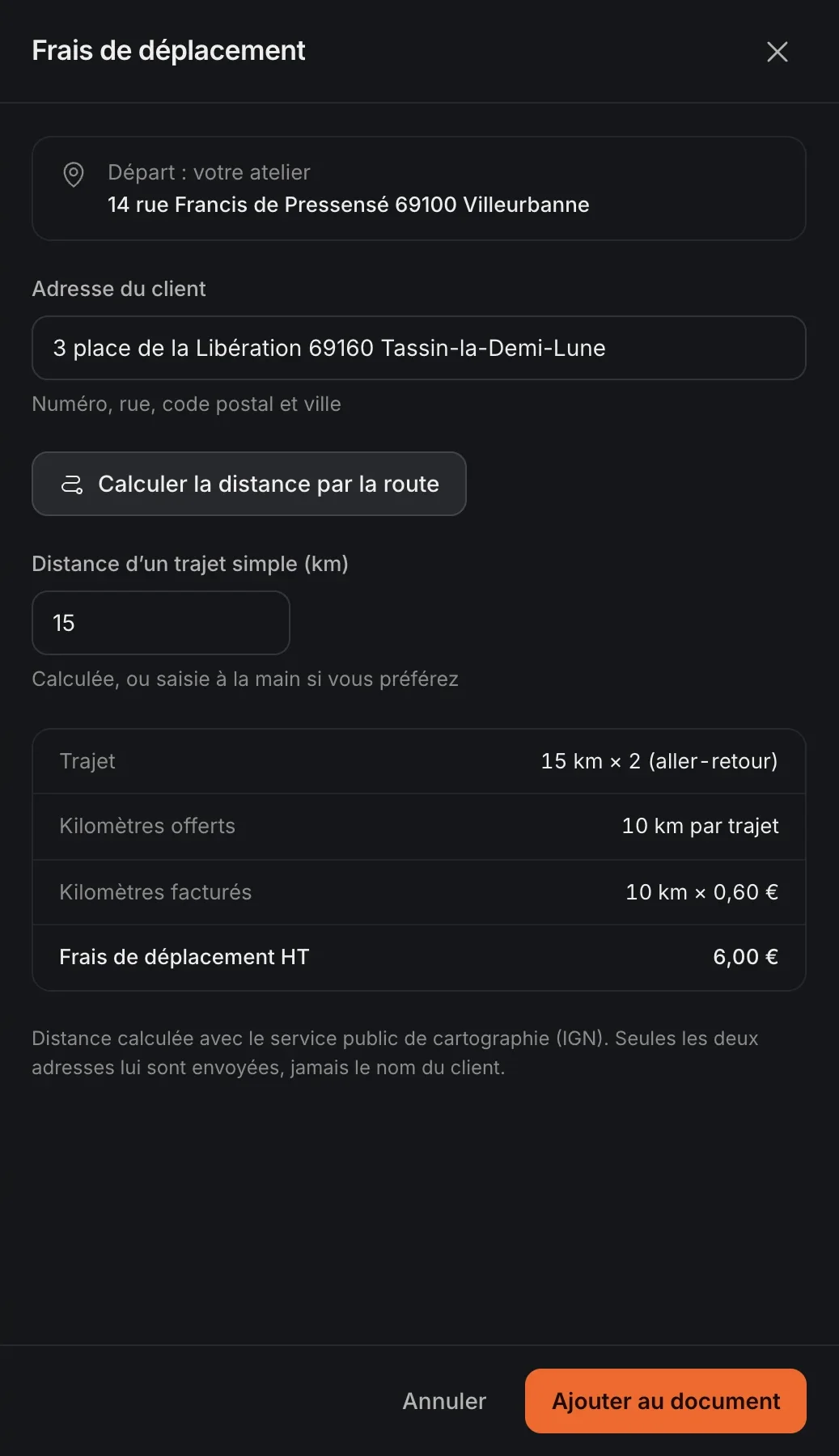 Dans un devis, la distance par la route est calculée et les frais s’ajoutent en une ligne